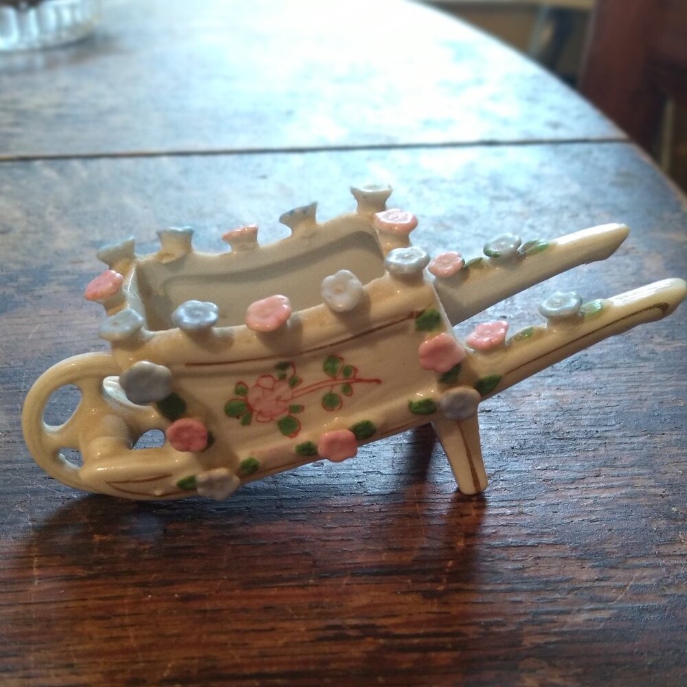 Vintage 1950s Porcelain Ceramic Flower Silver Accented Wheelbarrow Floral Japan
